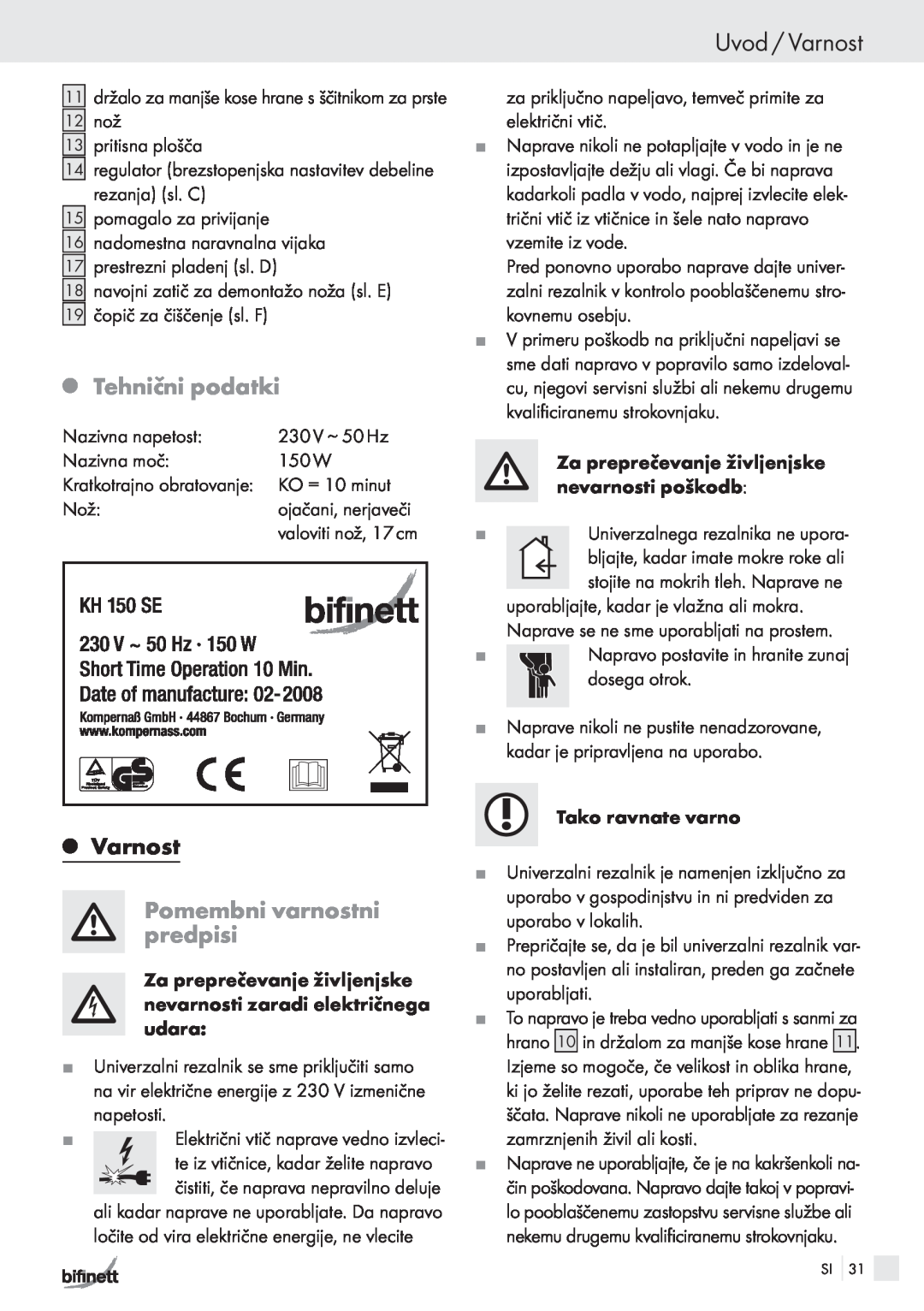 Bifinett KH 150 manual Uvod / Varnost, QTehnični podatki, QVarnost, Pomembni varnostni predpisi 